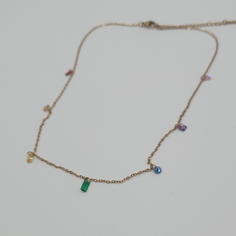 Elegant Gold Multicolor Simulated Gemstone Necklace, 18k Gold Plated SS - Picture 5 of 10